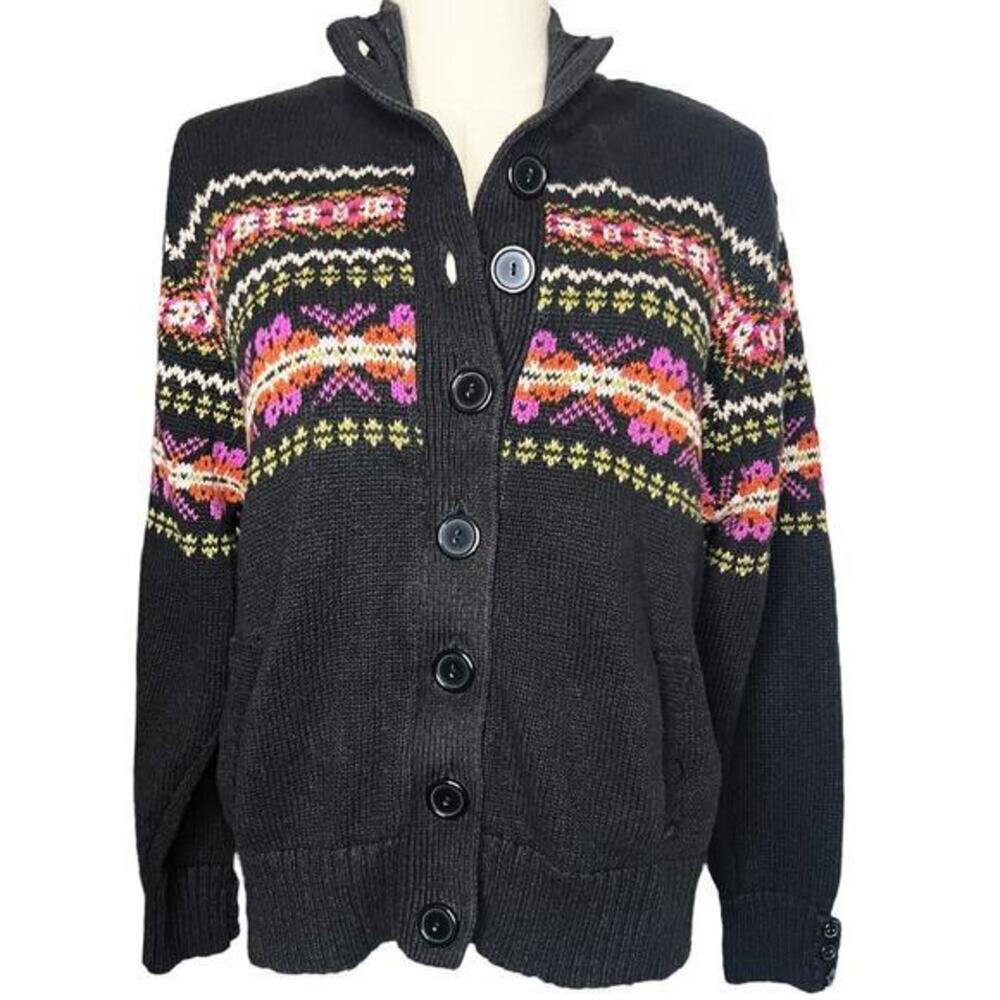 TIARA International Fair Isle Knit Button Up Black Sweater Cardigan‎ Size Medium